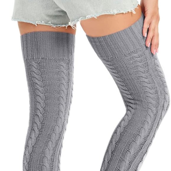 Cable Knit Thigh High Socks Extra Long Gray - Picture 4 of 8